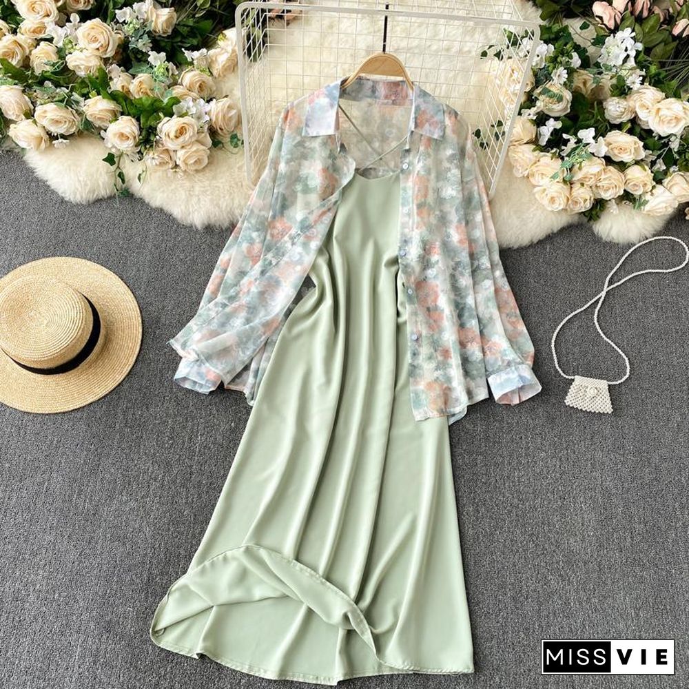 Casual Floral Cardigan +Cami Dress P10506