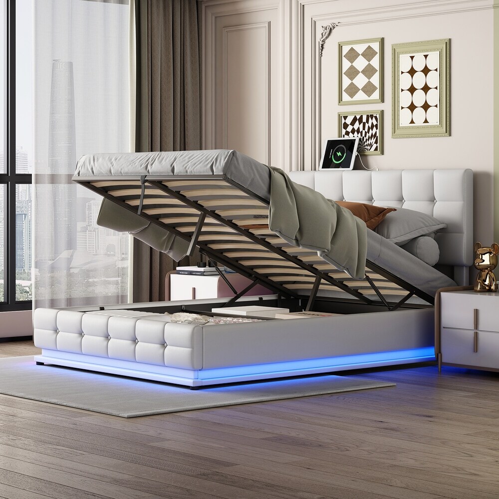 Modern Upholstered Storage Bed with LED Lights and USB charger