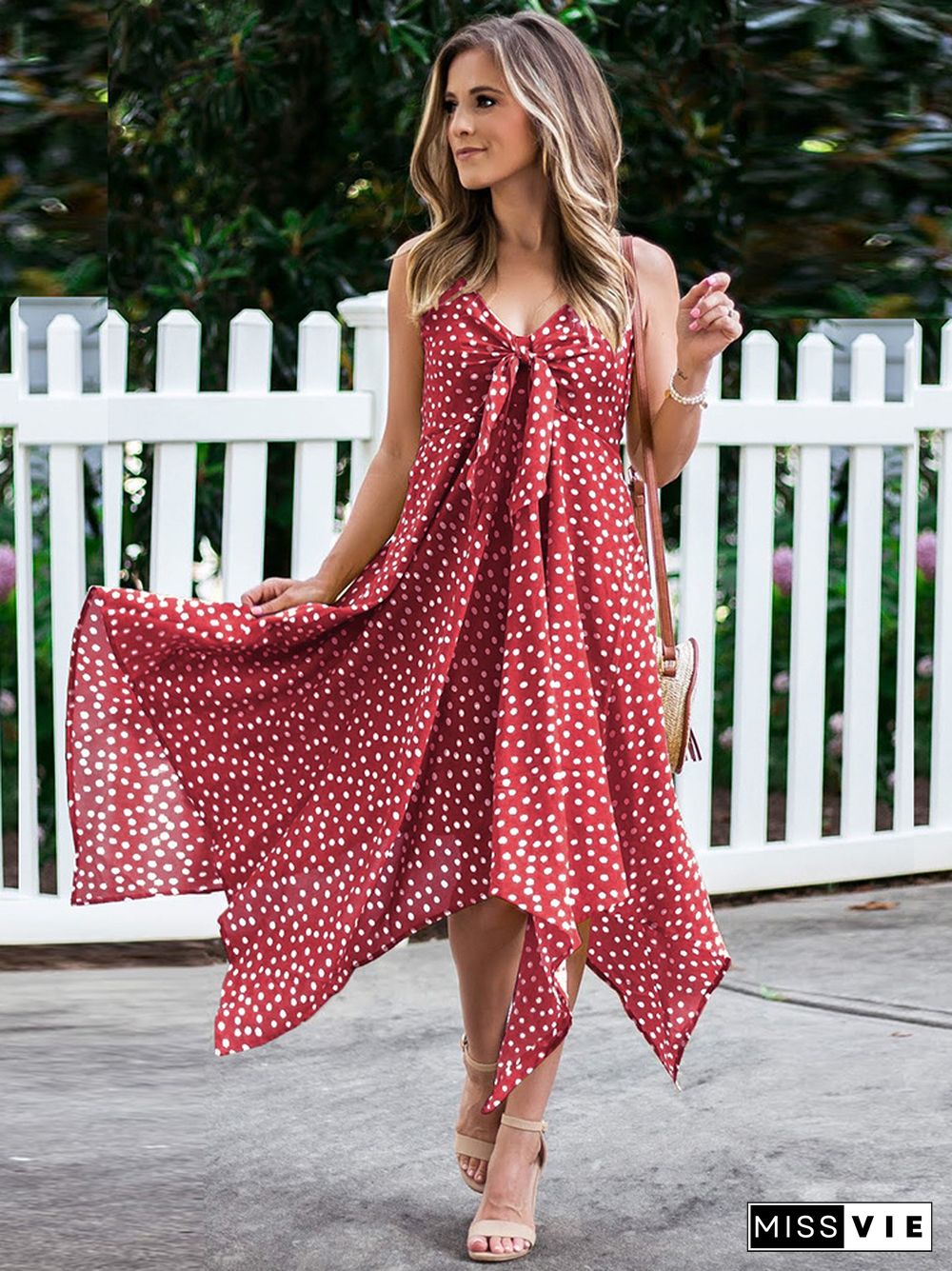 Spring And Summer New Wave Dot Print Dress Off Shoulder Irregular Thin Suspender Skirt Bohemian Beach Skirt Dresses Women