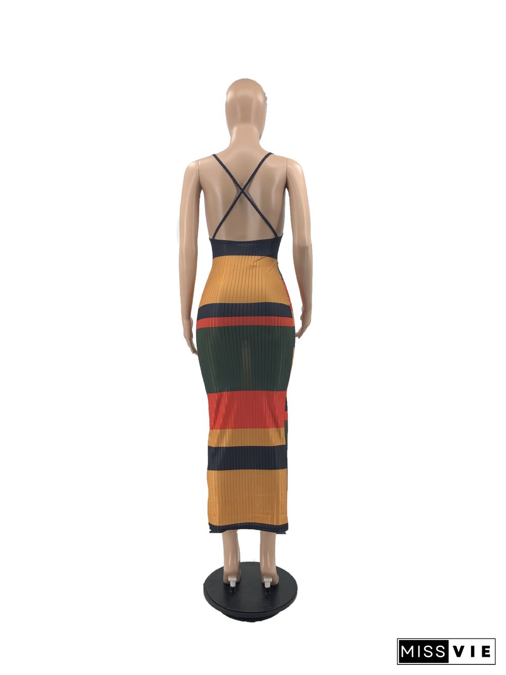 Colorful Striped Knitted Backless Skinny Cami Dress