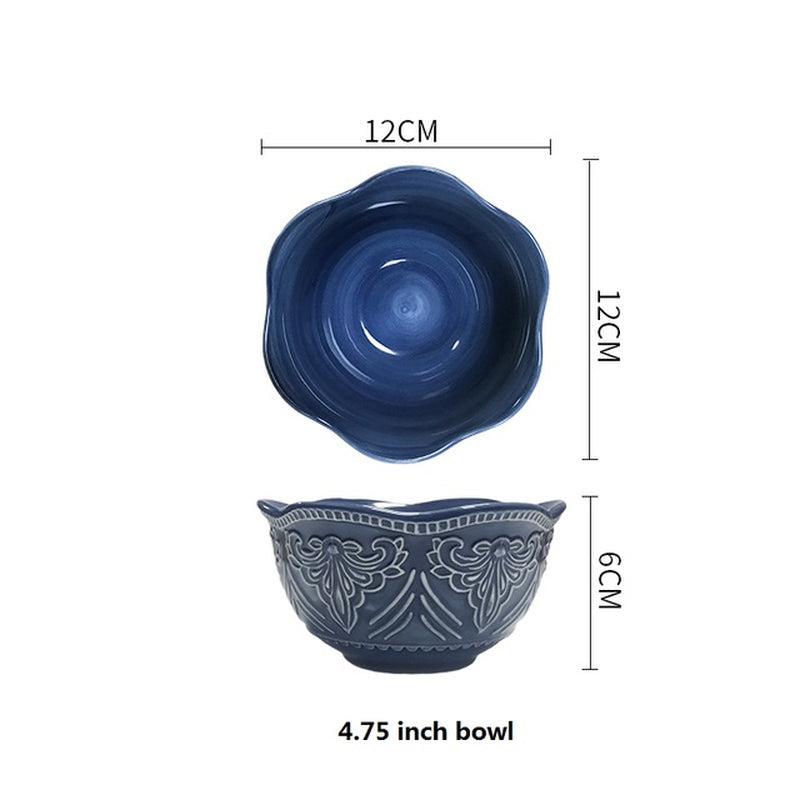 Nordic Blue Vintage Tableware Set Ceramic Rice Salad round Dish Dinner Plate Bowl Dinnerware Set Microwave Safe W4827