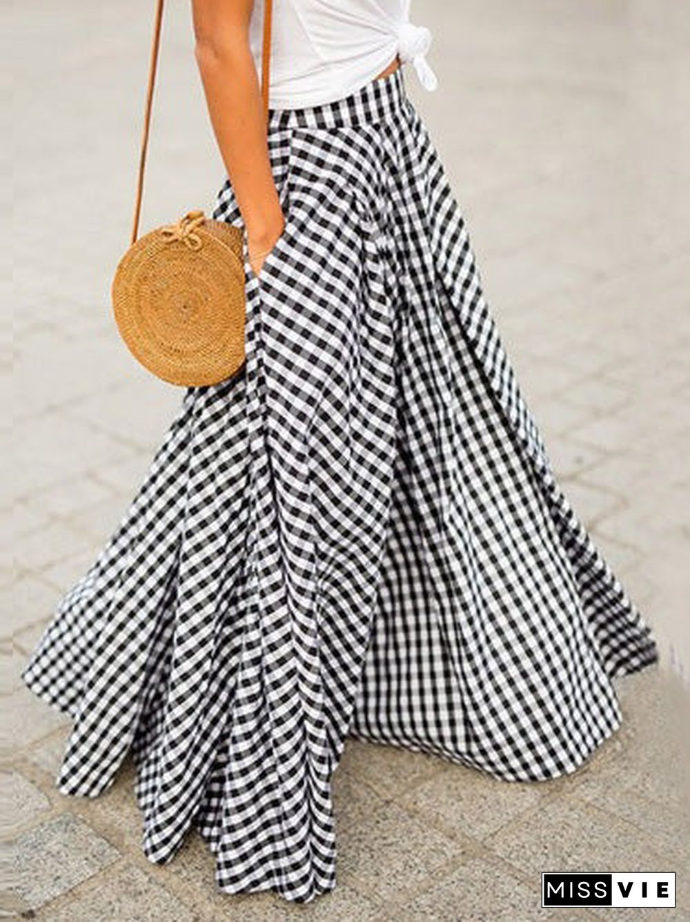 Women'S Skirts High Waist Check Print Pocket Skirt