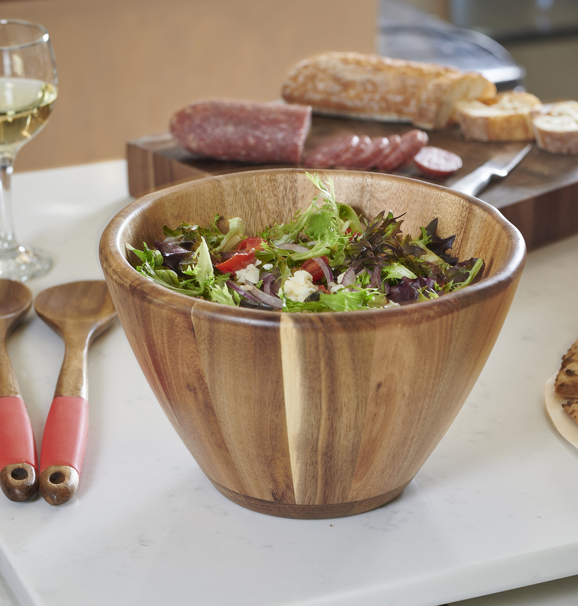 Servappetit Acacia Wood Large Serving Bowl - Made of Premium Acacia Wood - Salads， Fruits， Chips， Nachos， Bread and Other Snacks