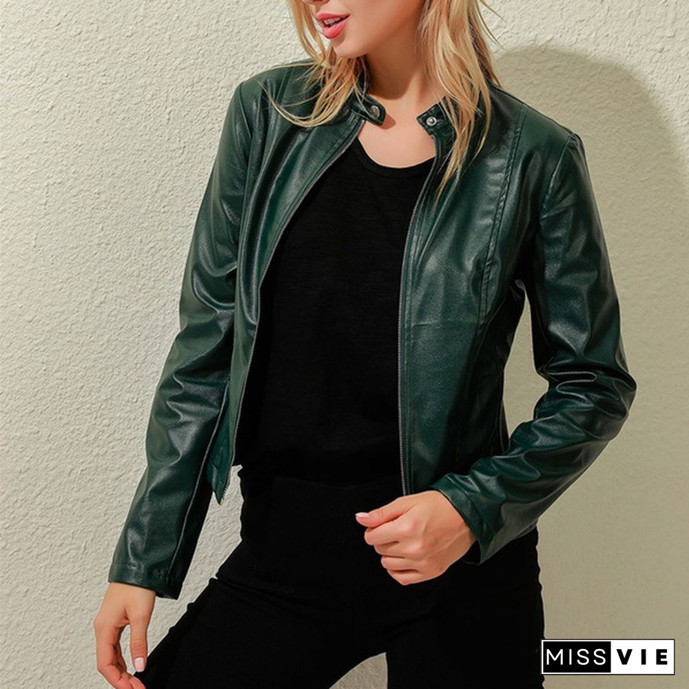 Women Spring Zipper Casual PU Leather Soft Motorcycle Leather Jacket Coat