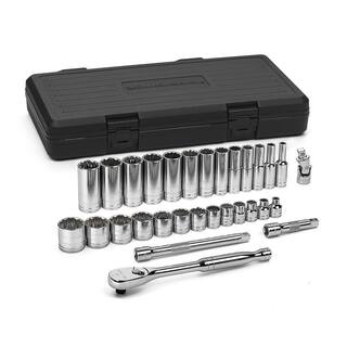 GEARWRENCH 38 in. Drive 12-Point Standard  Deep SAE 90-Tooth Ratchet and Socket Mechanics Tool Set (30-Piece) 80568