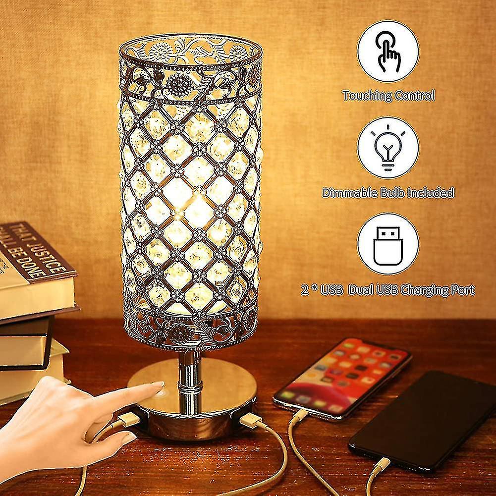 Touch Control Crystal Bedside Lamp With Dual Usb Port 3-way Dimmable Table Lamp