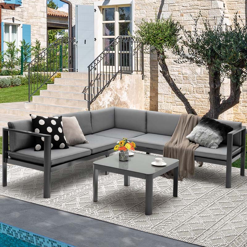 3 Pcs Aluminum Patio Furniture Set with 6-Level Adjustable Backrest, Outdoor Sectional Sofa Set with Cushions