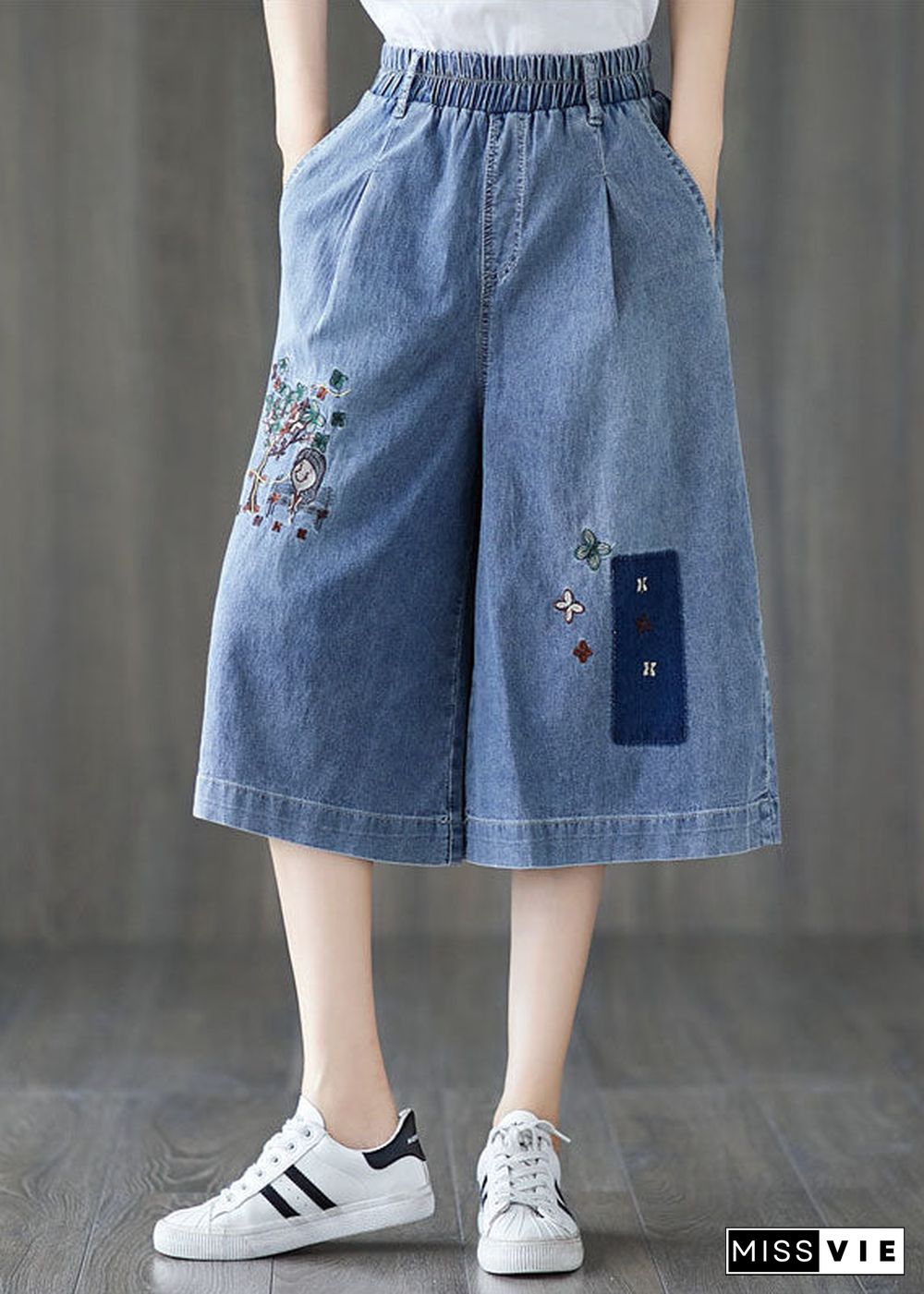 Elegant Denim Blue Elastic Waist Embroideried Cotton Wide Leg Pants Summer