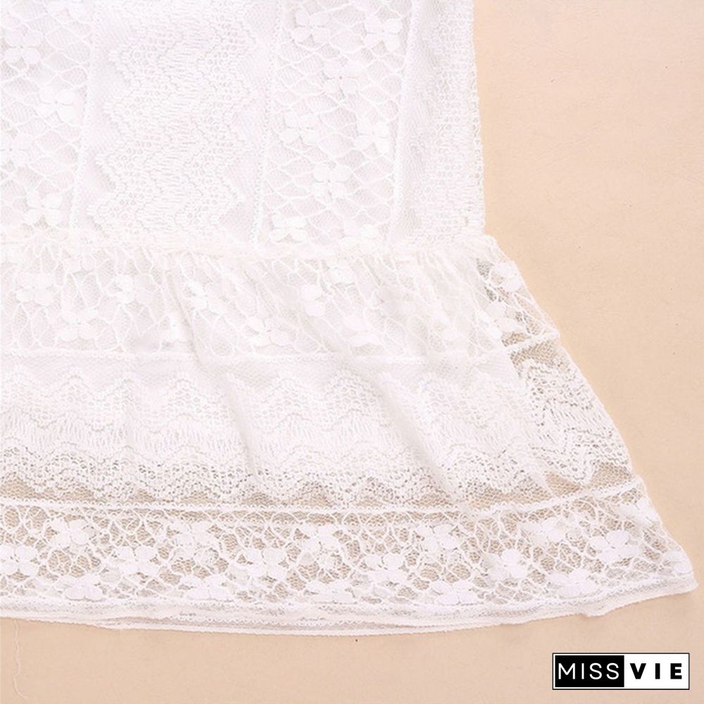 Women Hollow Out Lace Mini Dress Casual Evening Party Tassel Sleeveless White isfang