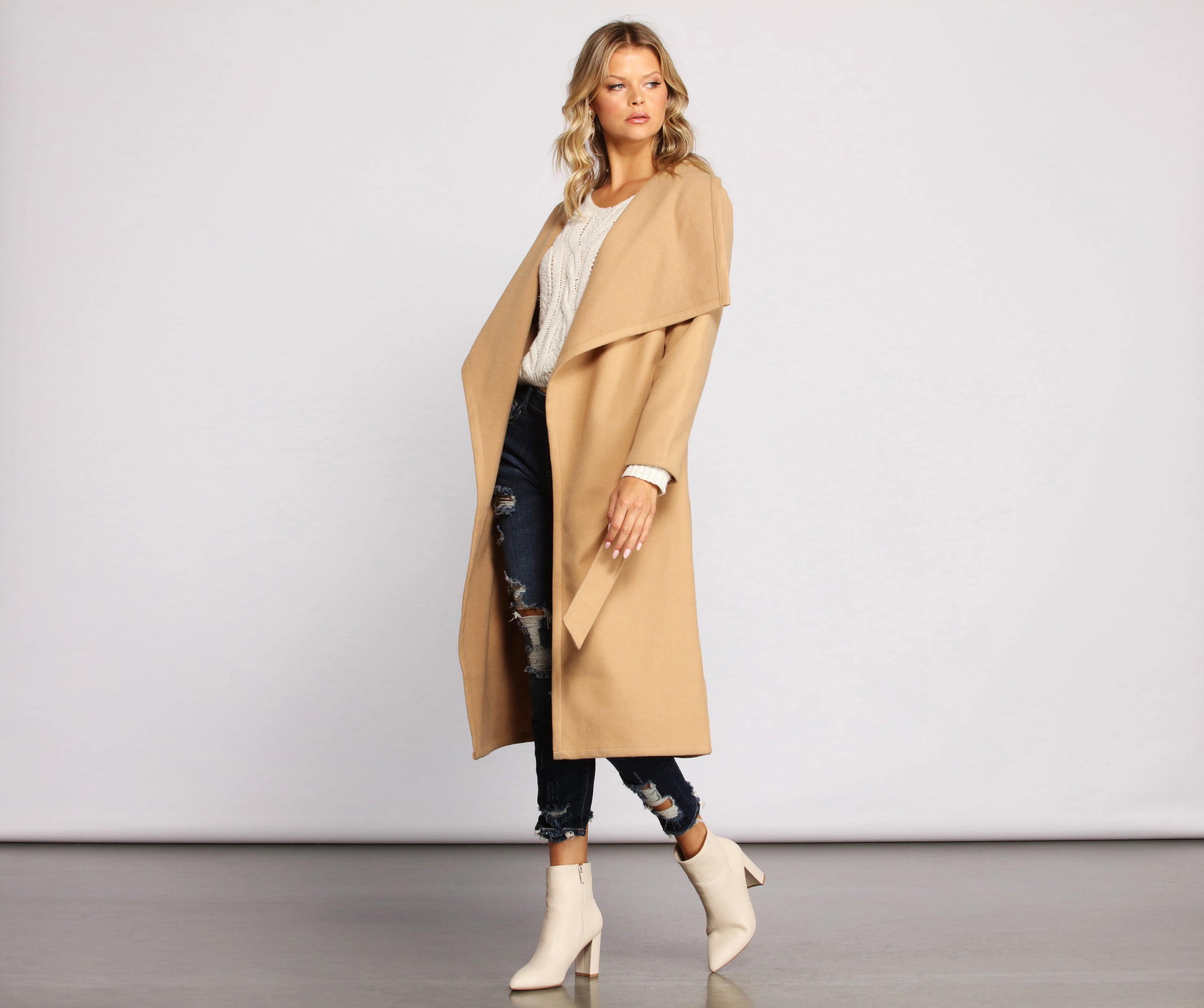 Day Chic Drape Front Belted Coat