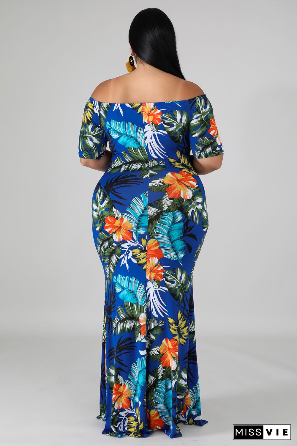 Green Off-the-shoulder Floral Print Plus Size Maxi Dress