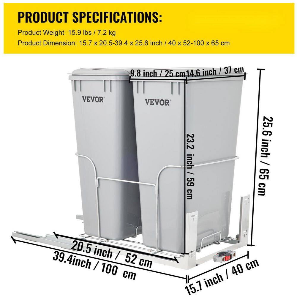 VEVOR 10 Gal. Pull-Out Trash Can 176 lbs. Load Capacity Double Bins Under Mount Waste Container with Soft-Close Slides Grey CJLMSTLLJ100LFEIQV0