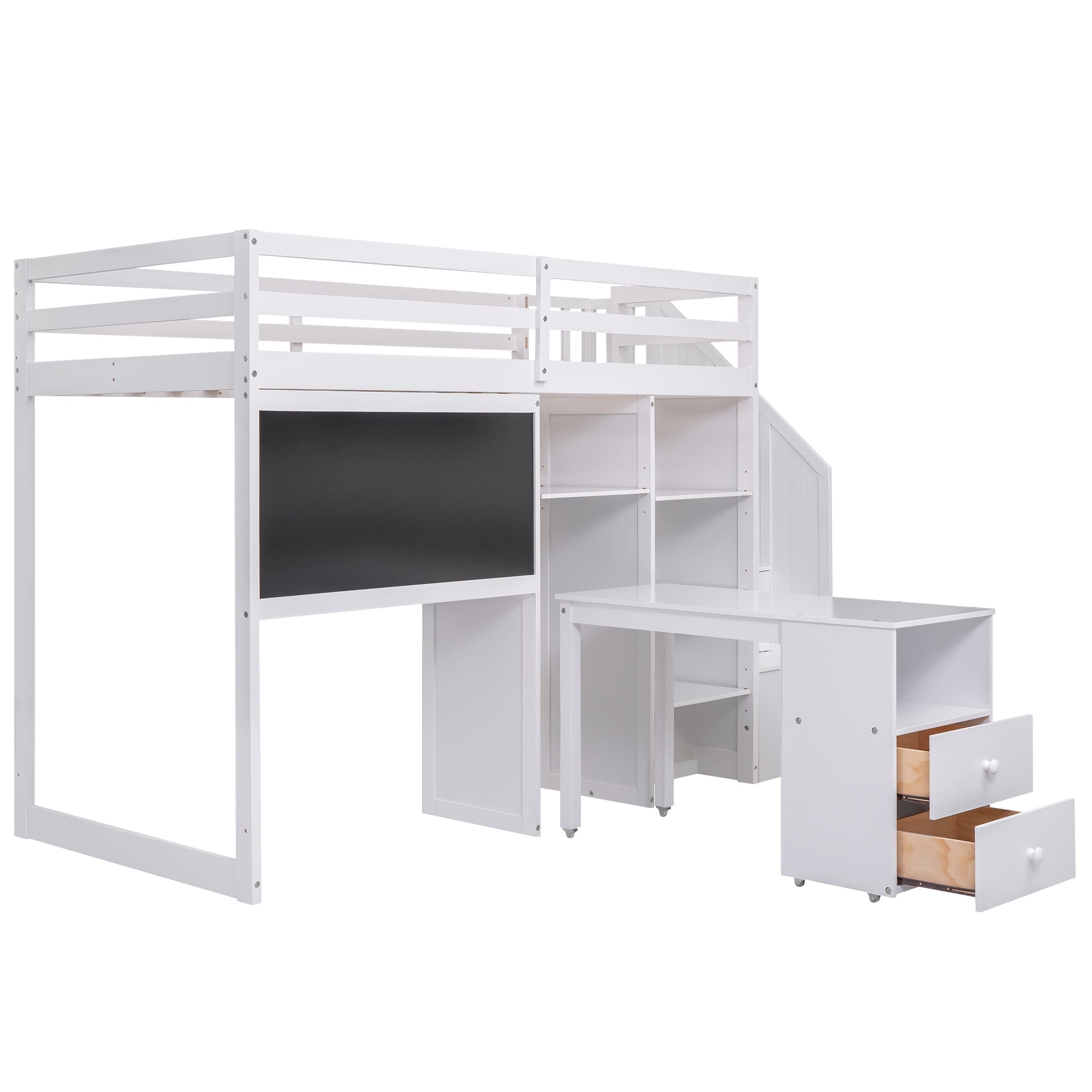 Pine Wood Loft Bed with Storage Staircase, Desk, Drawers and Blackboard for Kids, Twin, White