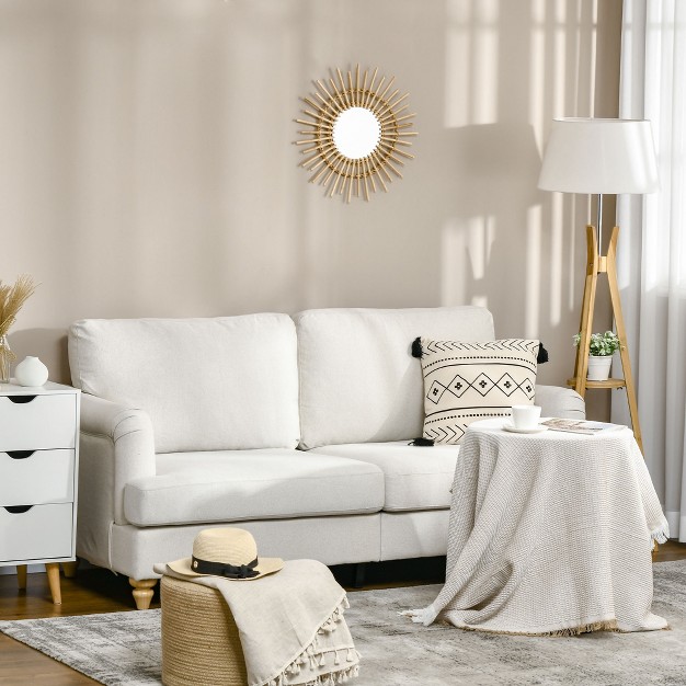 Modern Linen Fabric Sofa With Rubber Wood Legs And Slatted Frame For Living Room Bedroom And Apartment