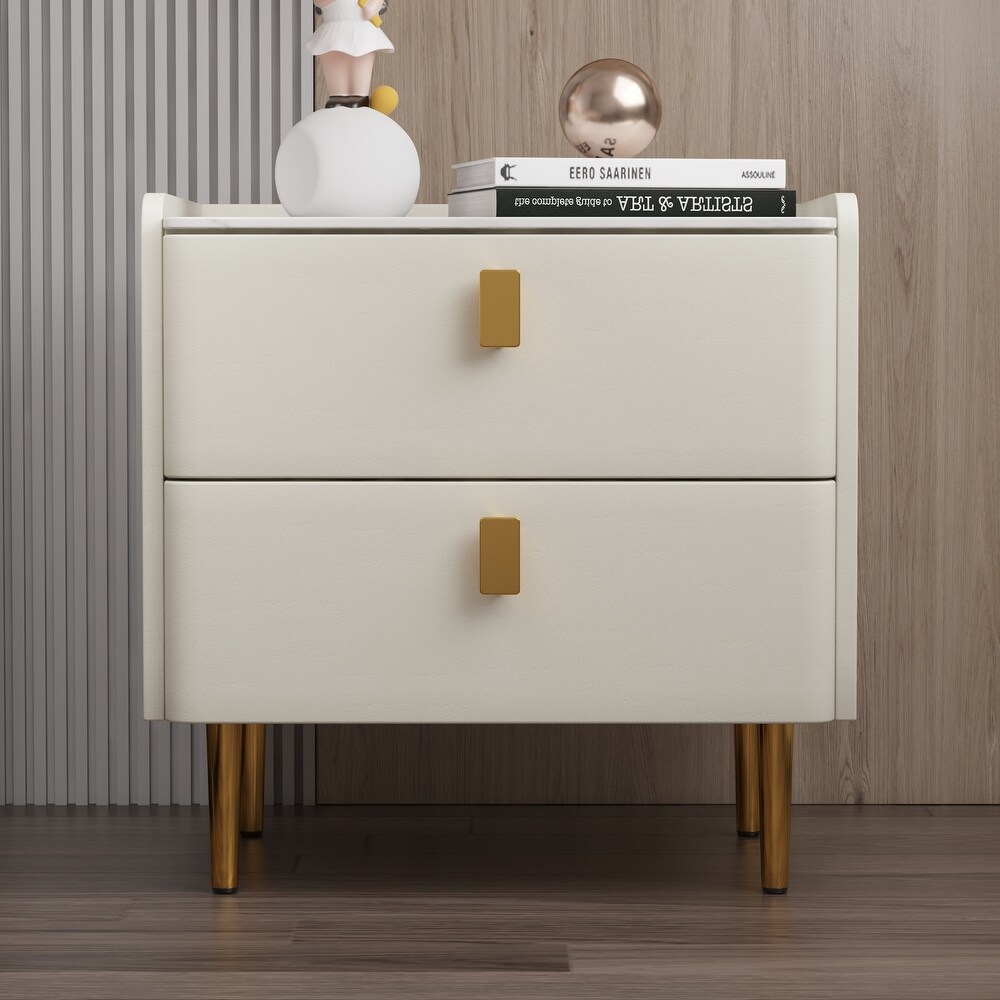 Modern Upholstered Gold plated Metal Nightstand with Stone Tabletop