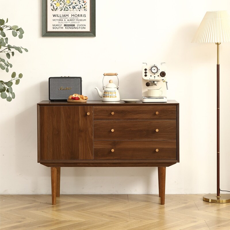 43.3 Inch Sideboard Cabinet with Three Drawers/Walnut Finish/Solid Wood Legs