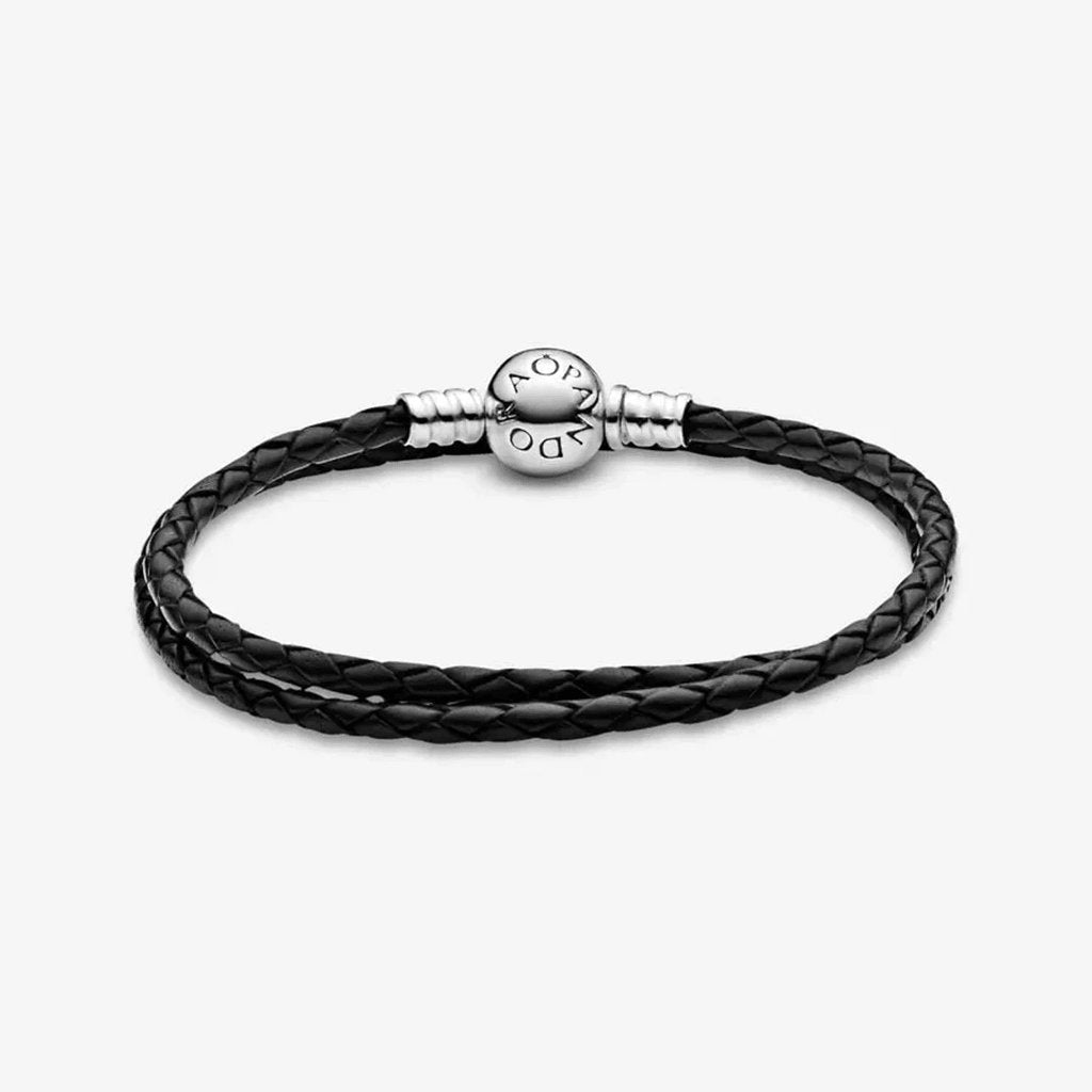 PANDORA  Pandora Moments Double Black Leather Bracelet