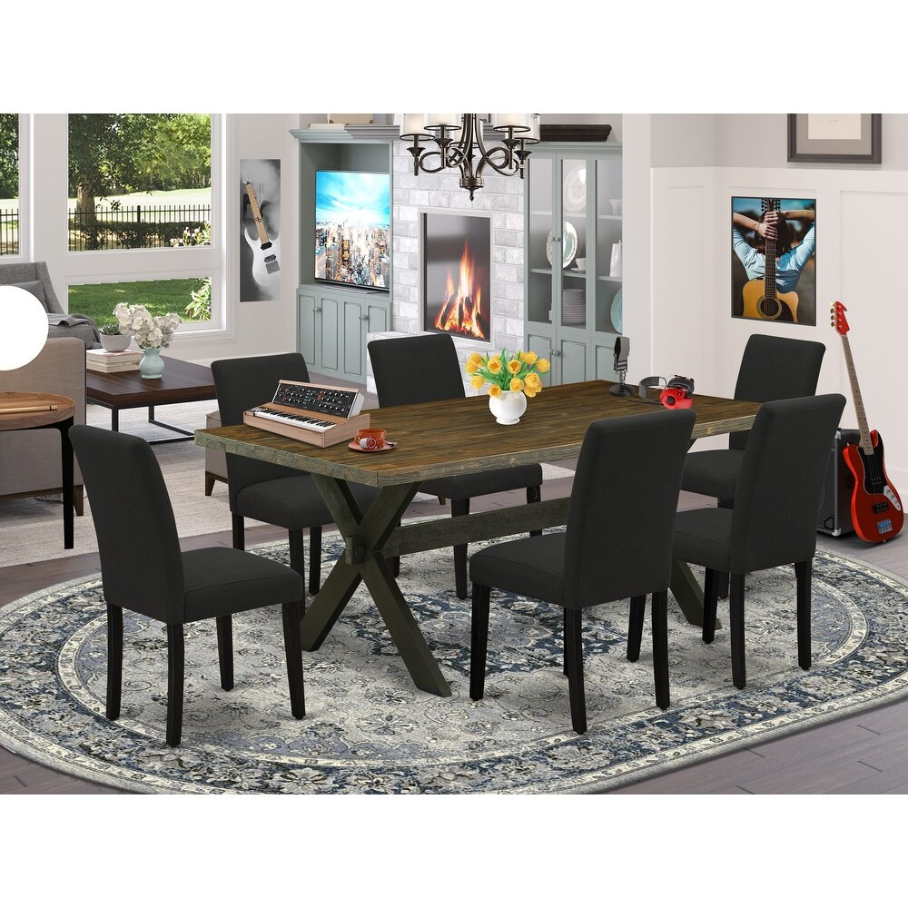 East West Furniture Dining Table Set  a Kitchen Table and Black Linen Fabric Parson Chairs  Wire brushed Black.(Pieces Options)