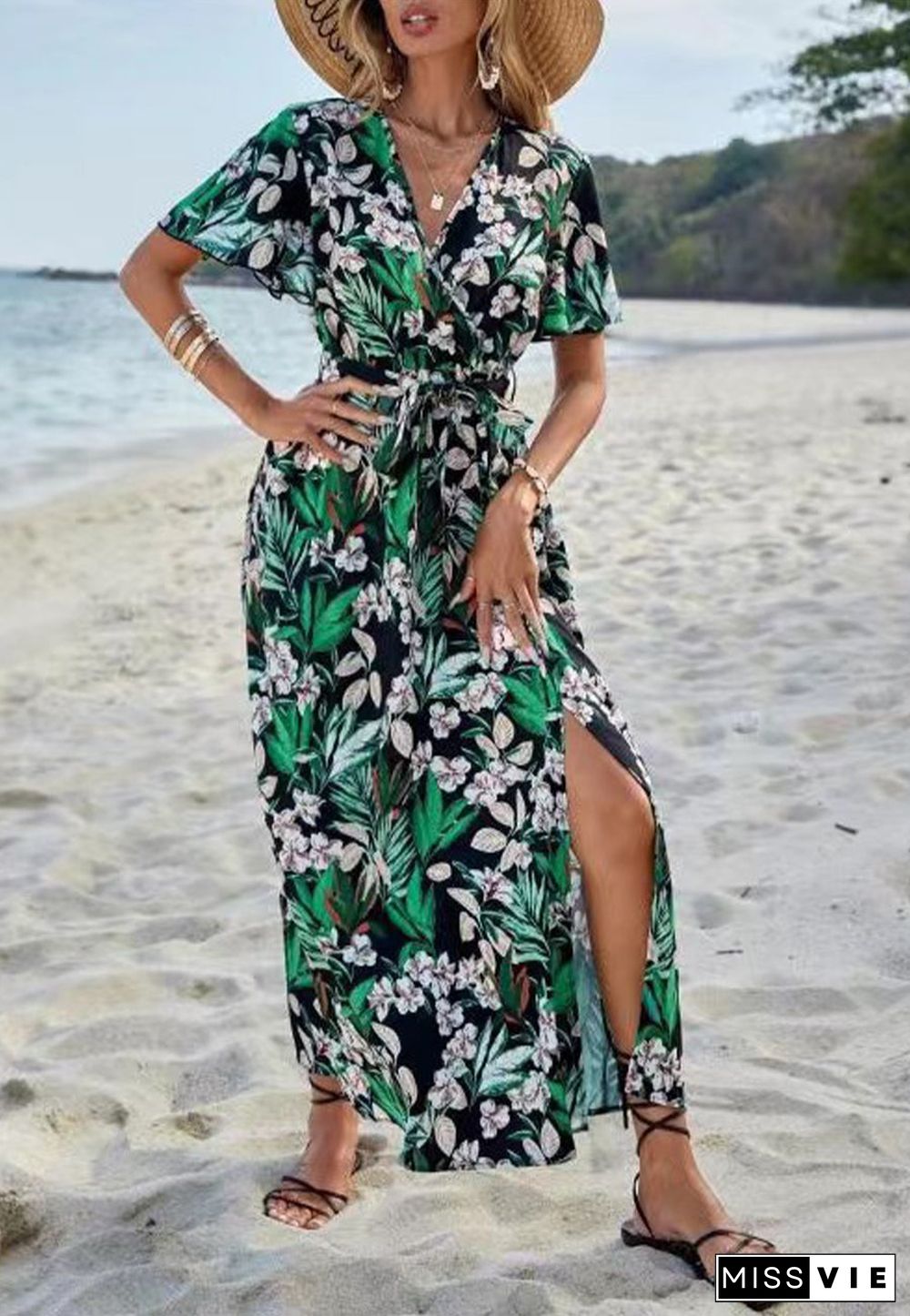 Tropical Floral Print Slit Dress