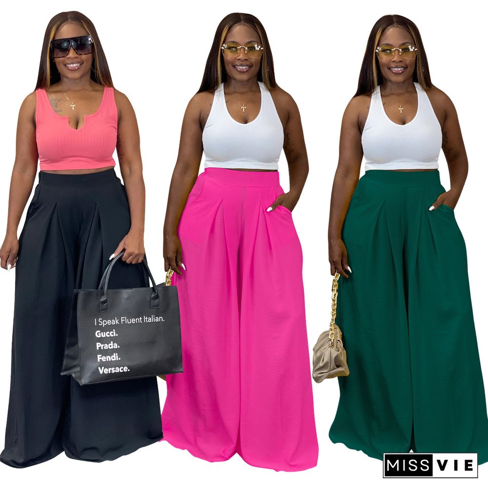 Solid Color Casual Wide Leg Pants