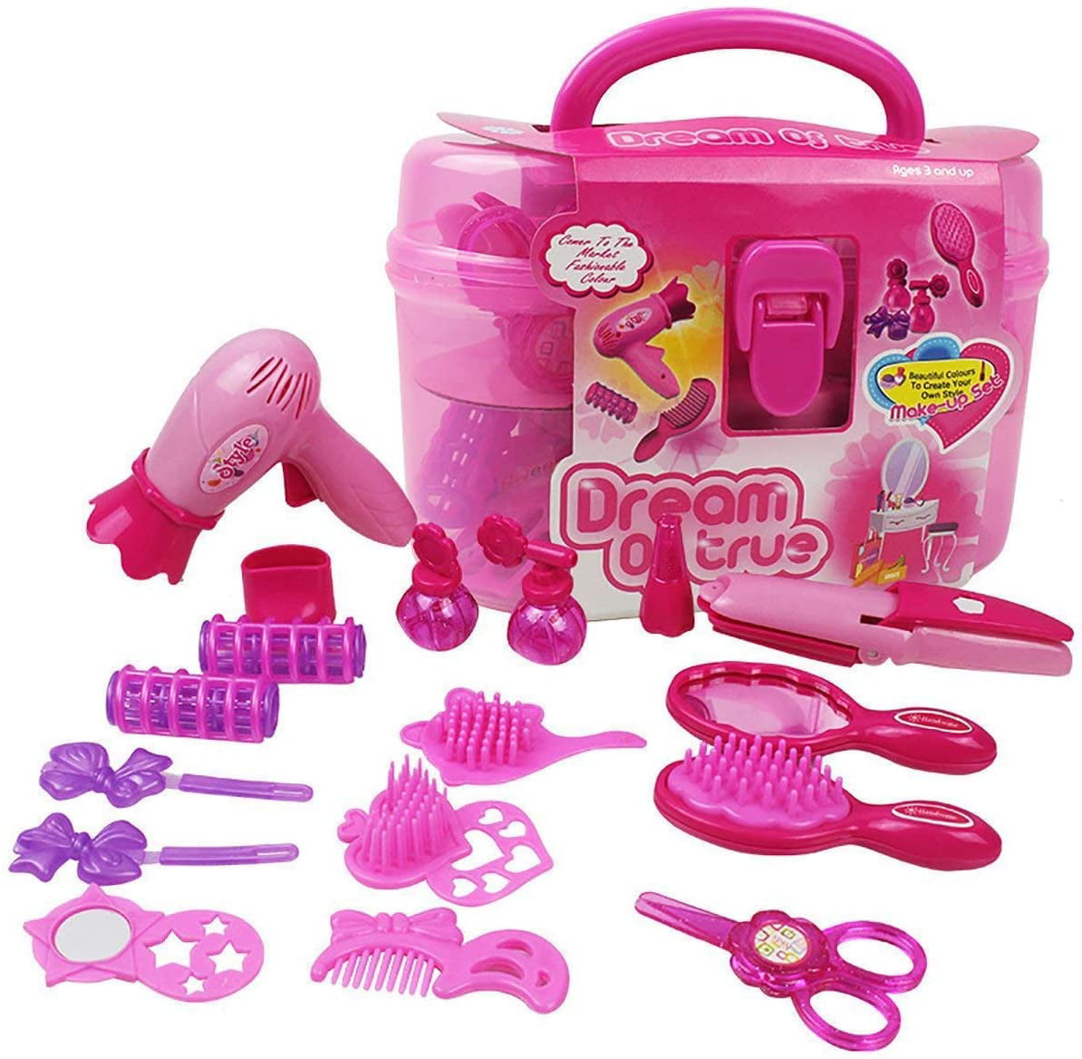 Little Girl Makeup Kit Pretend Play Hair Station with Case Kids Beauty Salon Set Toys， Hairdryer， Brush，Mirror and Styling(17pcs) Toy for little girl 1 2 3 4 Years Old