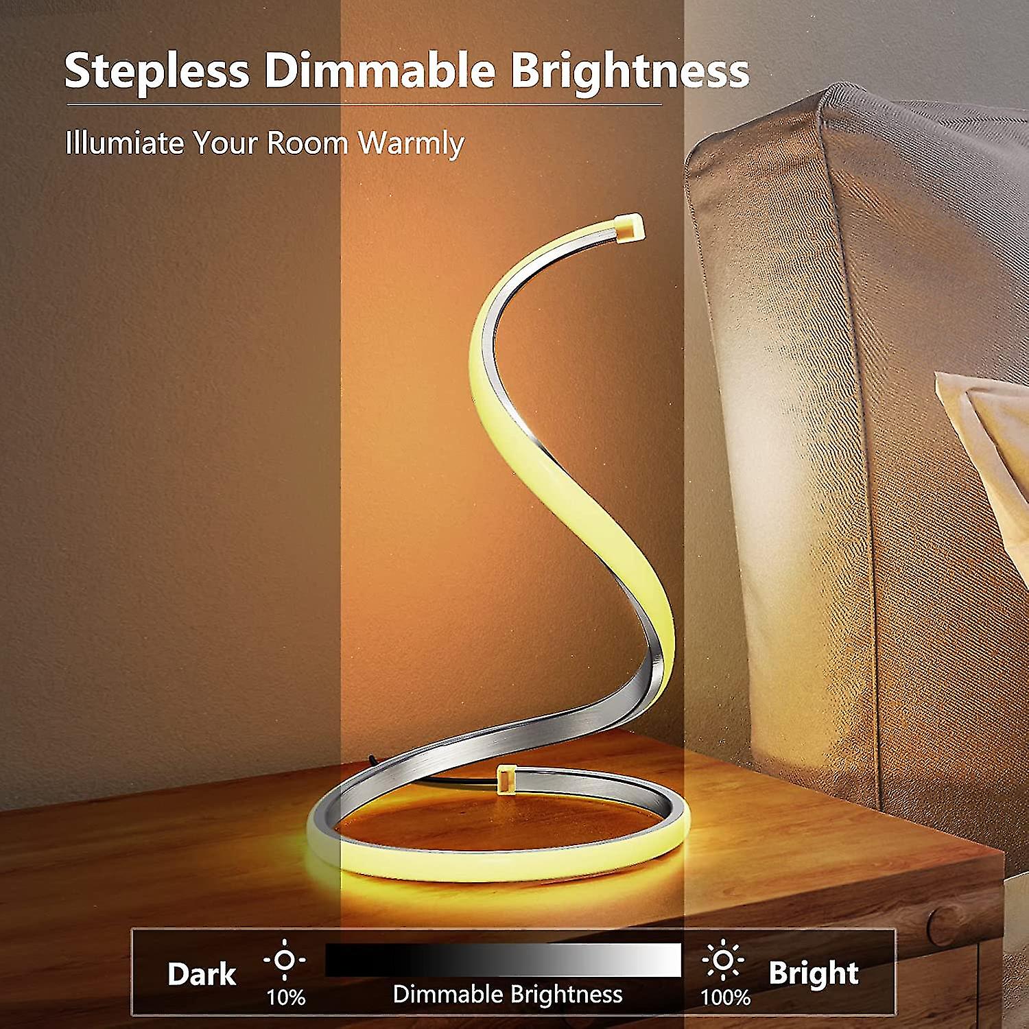 Spiral Modern Desk Lamp (silver)， Stepless Dimming Bedside Lamp， 3 Color Warm Bedside Lamp， Bedroom Living Room Office Home Curved Art Deco Desk Lamp