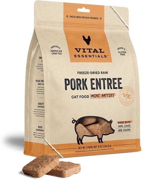 Vital Essentials Pork Dinner Patties Freeze-Dried Raw Cat Food， 8-oz bag