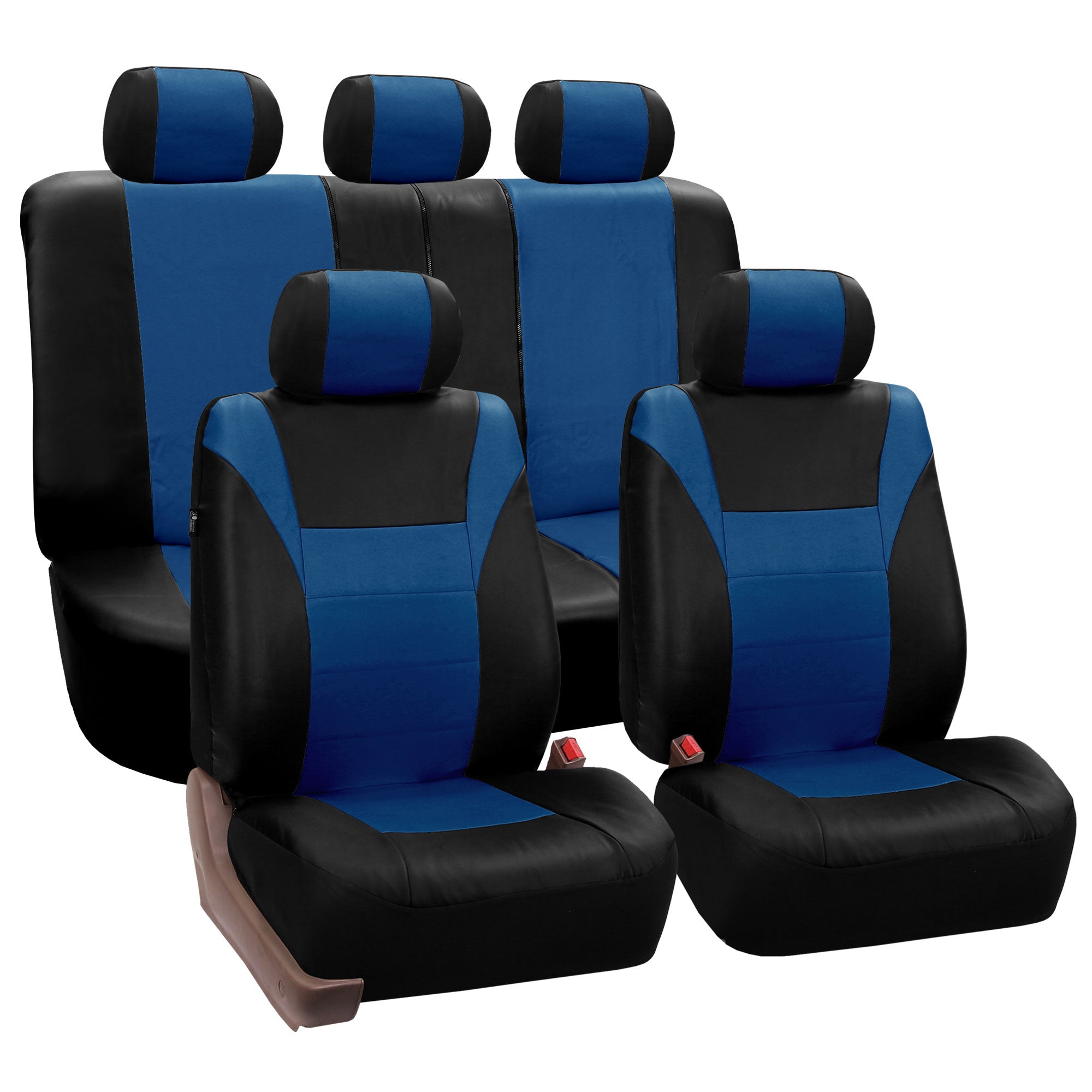 FH Group Racing Faux Leather Airbag Ready Split Bench Car Seat Covers， Full set with Carpet Floor Mats， Blue