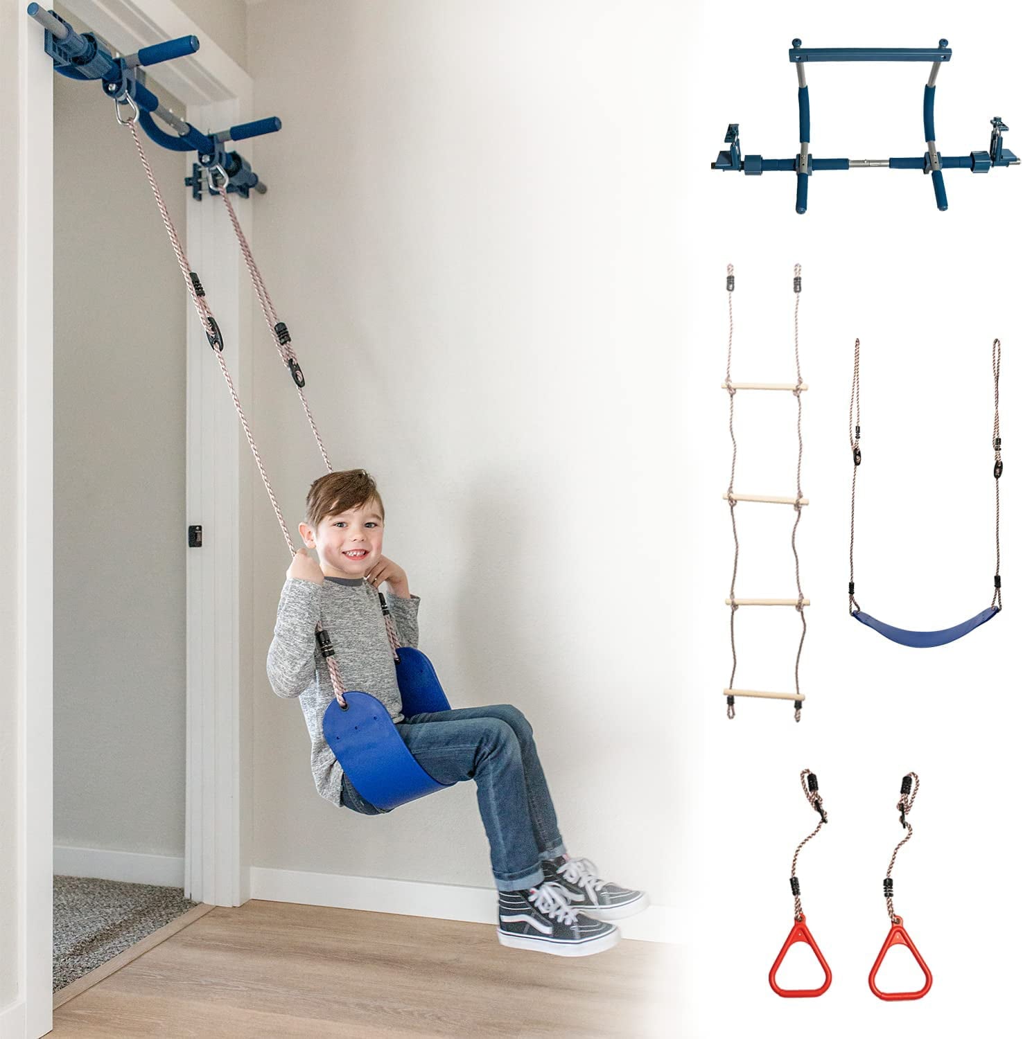 Gym1 - Deluxe Indoor Doorway Gym for Kids Playground Set - All in One Gym Set - Four Ways of Fun: Blue Indoor Swing， Plastic Rings， Climbing Ladder， and Pull Up Bar