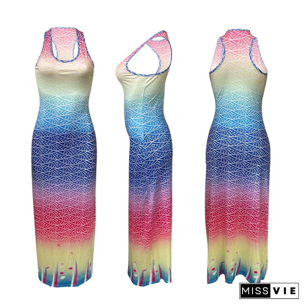 Summer Gradient Color Printing Women Ankle-Length Dresses