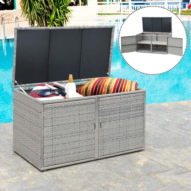 88 Gallon Patio Wicker Storage Box Rattan Deck Bench with Openable Door