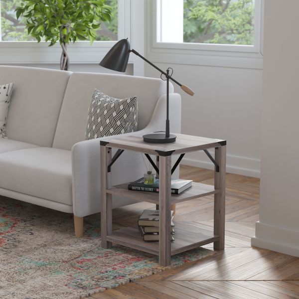 Wyatt Modern Farmhouse Wooden 3 Tier End Table with Black Metal Corner Accents and Cross Bracing， Gray Wash