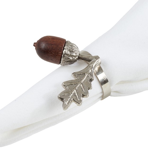 Saro Lifestyle Saro Lifestyle Napkin Ring Holders With Acorn Leaf Topper set Of 4 Silver