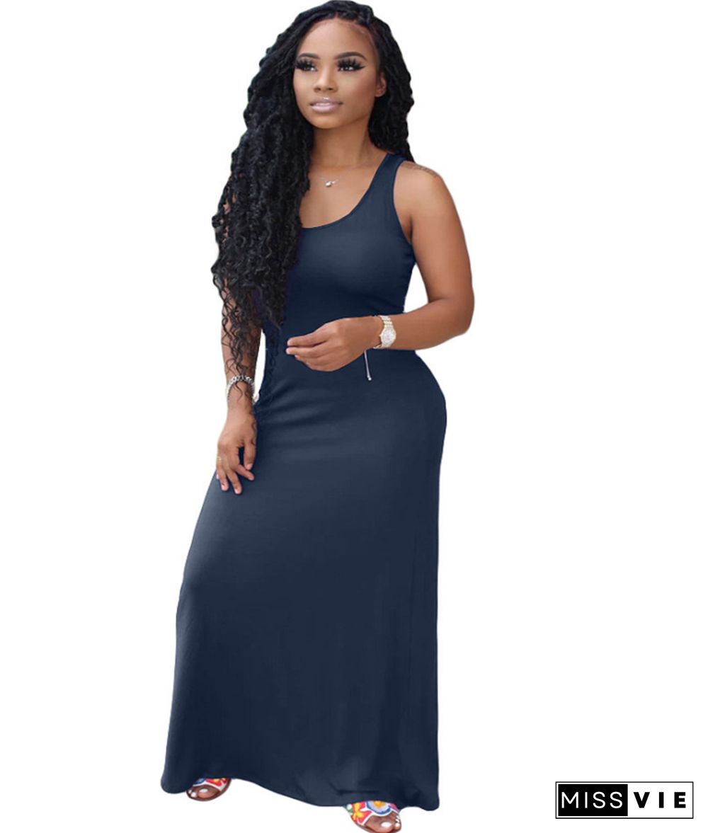 Fashion Solid Big Hem Strap Maxi Bodycon Dress