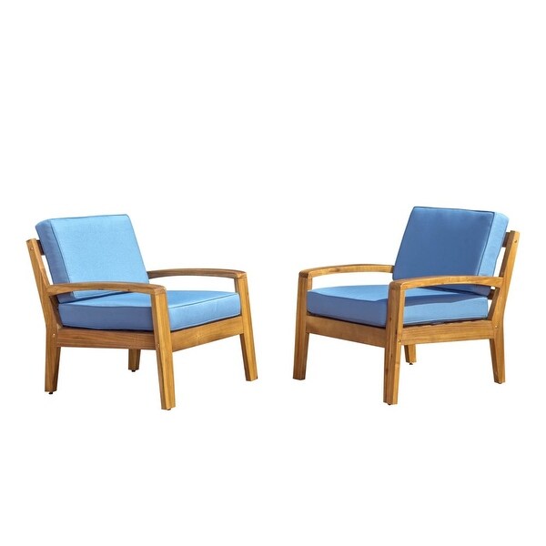 Wilcox Outdoor Wooden Club Chairs with Cushions， Set of 2， Teak Finish， Blue