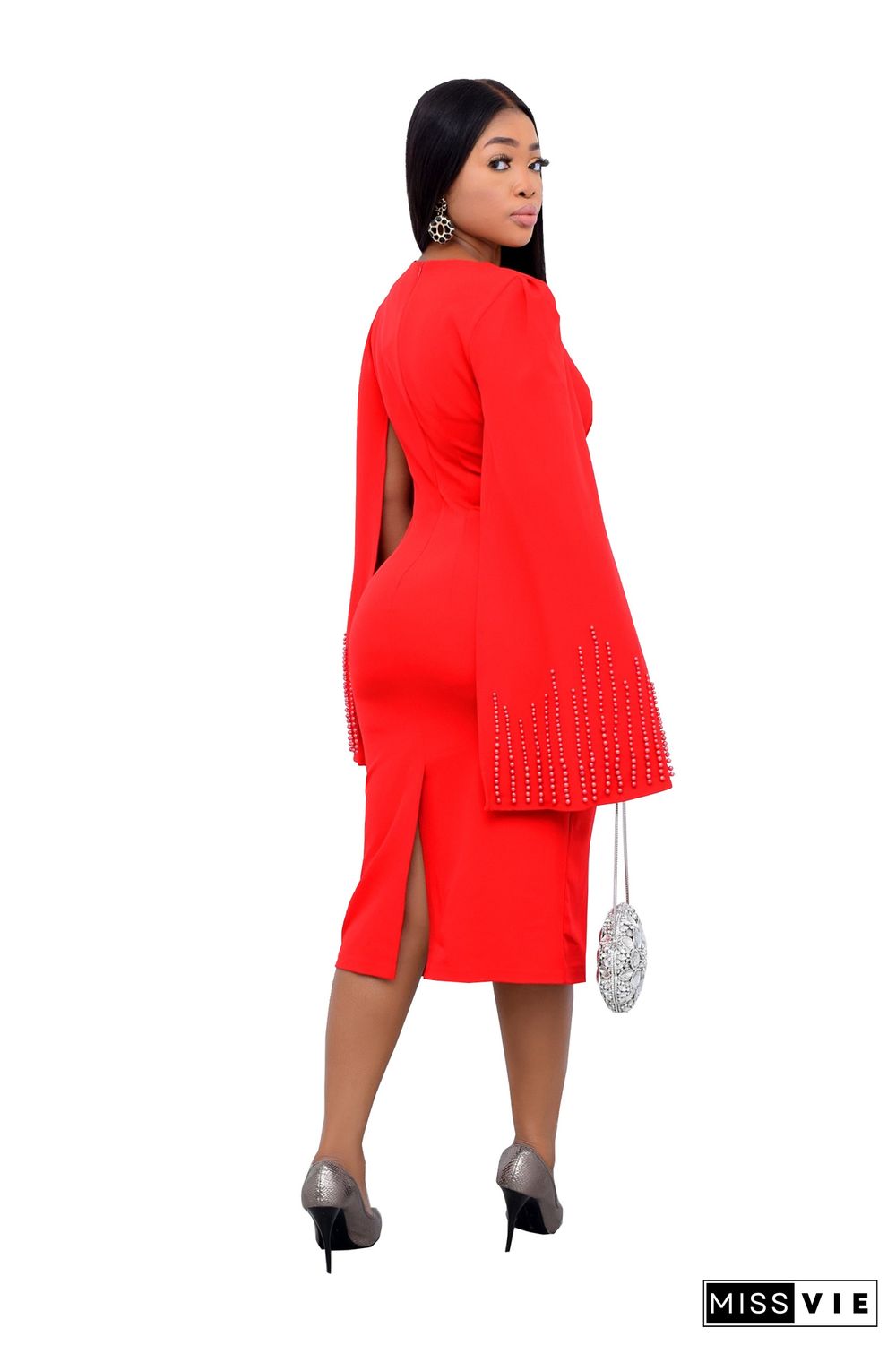 Elegant Beading Cape Sleeve Bodycon Midi Dress