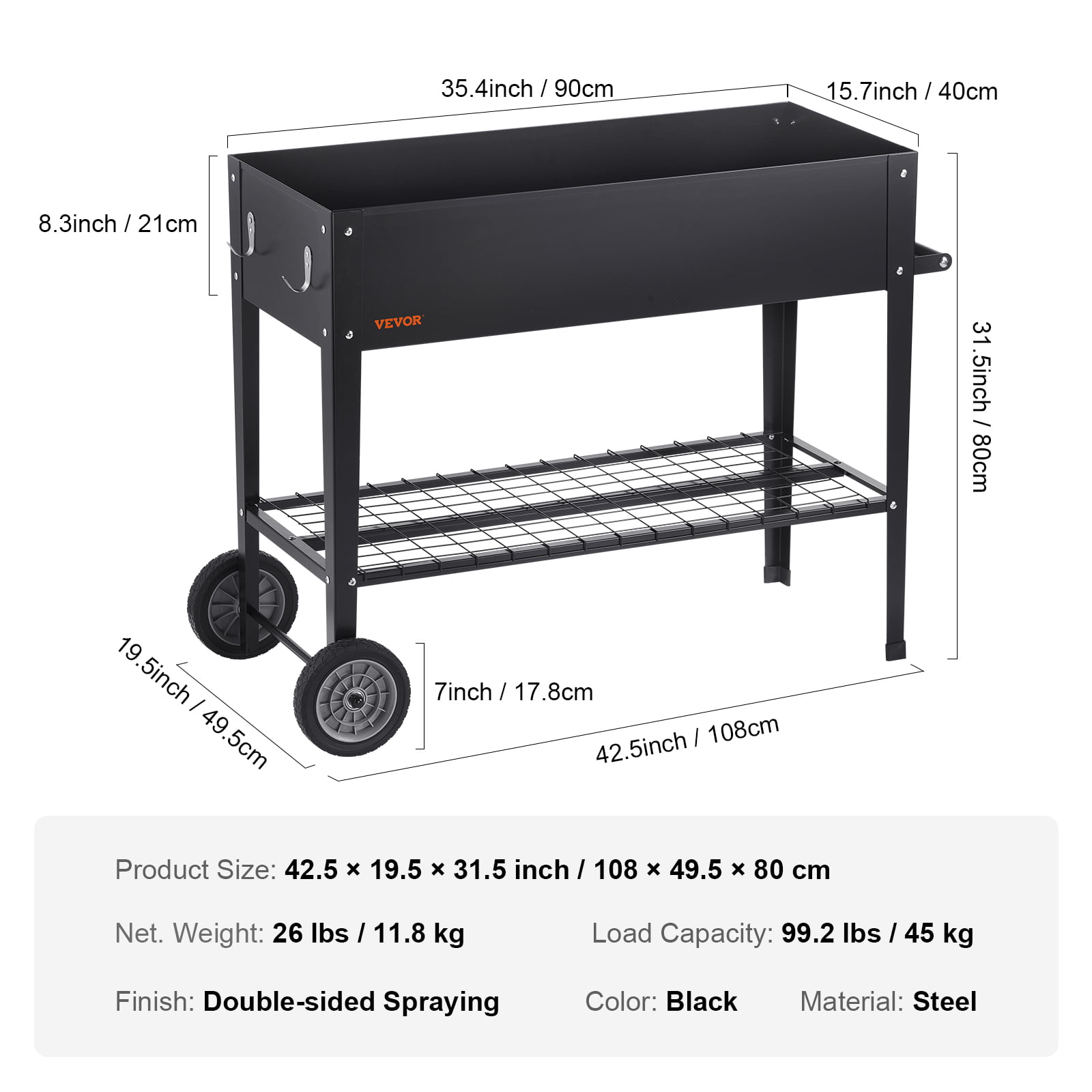 BENTISM Raised Garden Bed, 42.5 x 19.5 x 31.5 inch Galvanized Metal Planter Box, Elevated Outdoor Planting Boxes with Legs