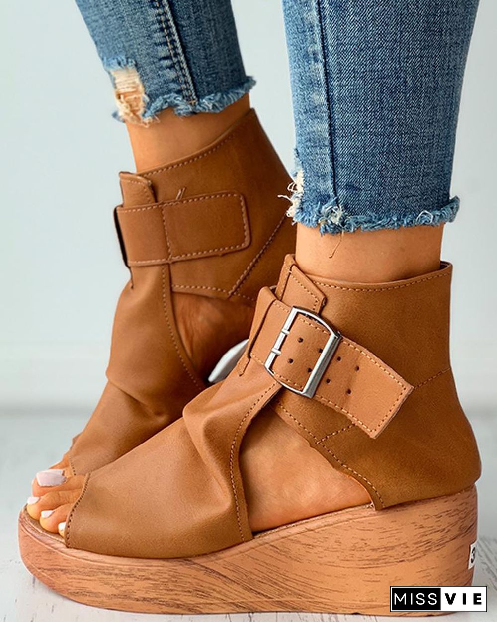 Eyelet Buckled Cutout Wedge Sandals