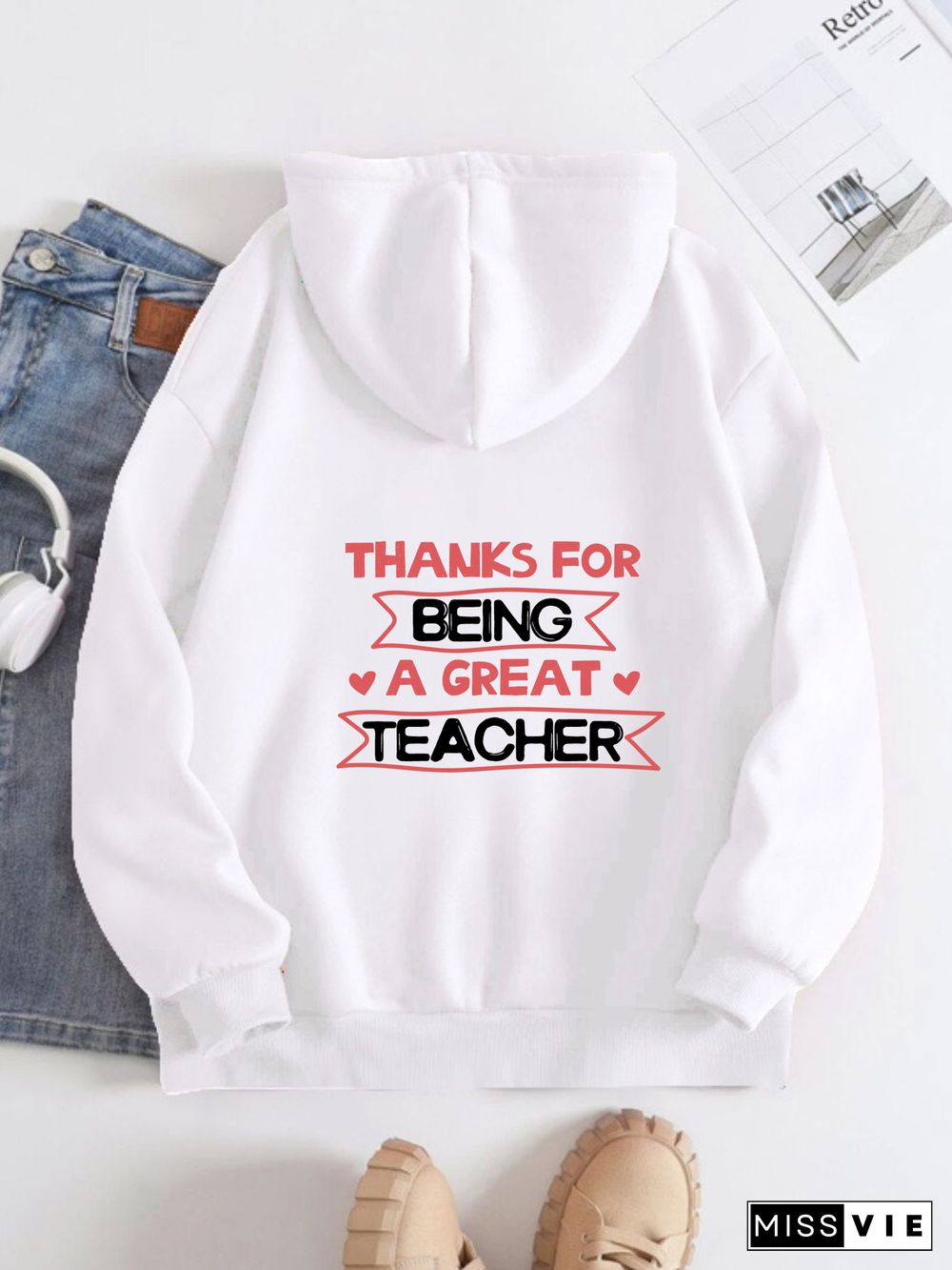 Printed on the Back Kangaroo Pocket Hoodie Long Sleeve for Women Pattern Thank you teacher