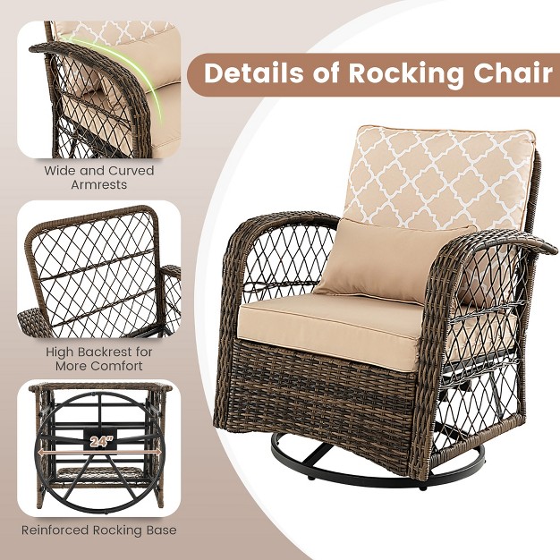 Costway Patio 3pcs Wicker Swivel Rocker Set 2 Rocking Chairs 360 Degrees With Coffee Table