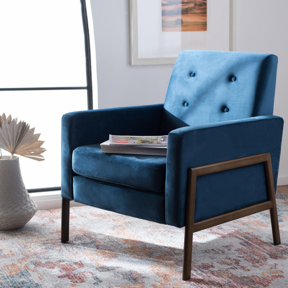 Unique Accent Chair  Sleek Wooden Legs With Rich Blue Velvet Seat  ampTrack Arms   Contemporary   Armchairs And Accent Chairs   by Decorn  Houzz