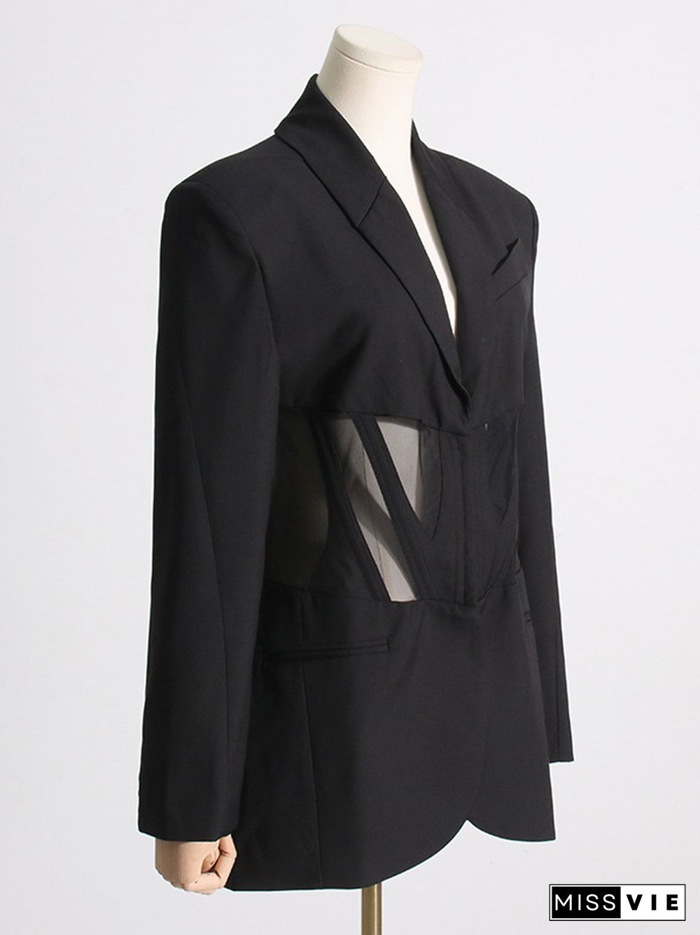 Long Sleeves Buckle Gauze See-Through Solid Color Split-Joint Notched Collar Blazer