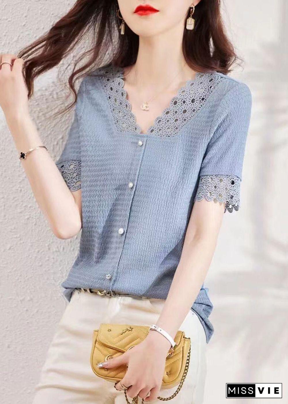 Modern Blue V Neck Hollow Out Lace Patchwork Shirt Summer