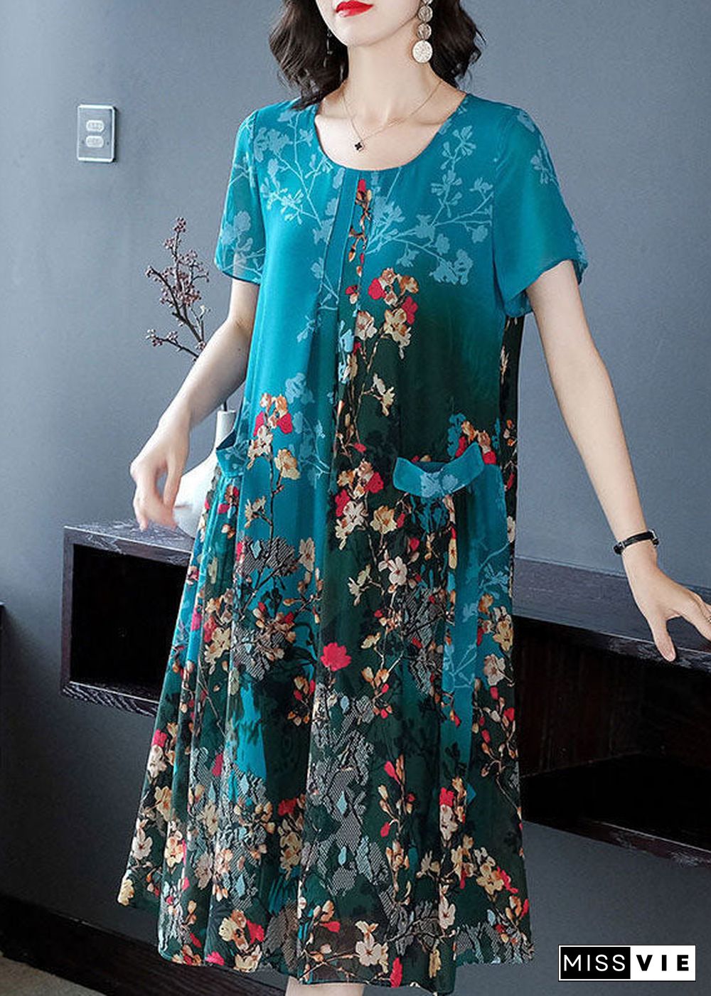 Beautiful Blue O-Neck Pockets Print Chiffon A Line Dress Short Sleeve