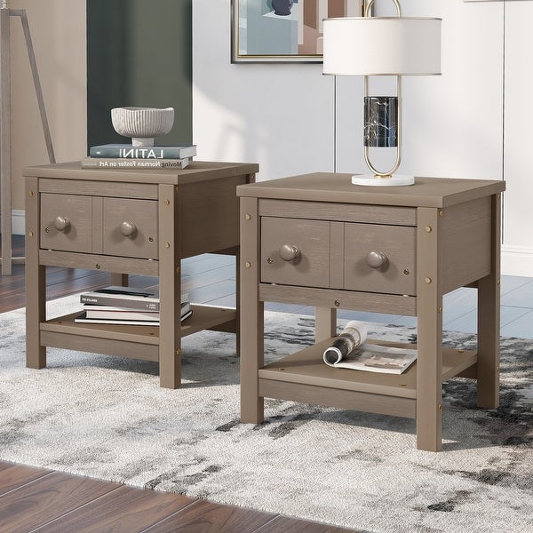 Set of 2， Wood Nightstand with Storage Drawer and Bottom Open Shelf - - 37927150