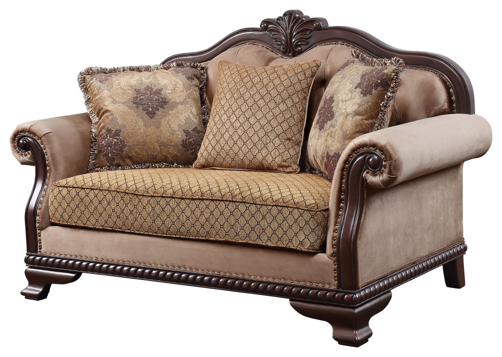 Loveseat With 3 Pillows  Fabric and Espresso Finish   Traditional   Loveseats   by Acme Furniture  Houzz