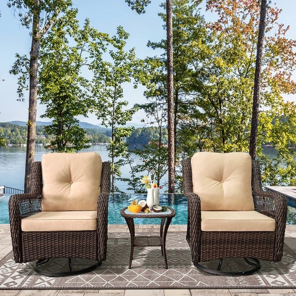 3-Pieces Conversation Set， Outdoor Wicker Rocker Swivel Patio Bistro Set， Rocking Chair with Glass Top Side Table for Garden - Overstock - 38006827