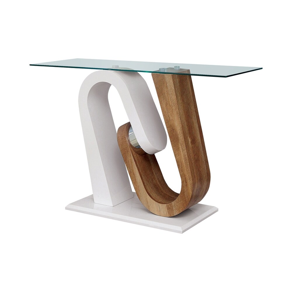 Tong Contemporary White and Natural Geometric Base 47 inch Glass Top Sofa Table by Strick   Bolton