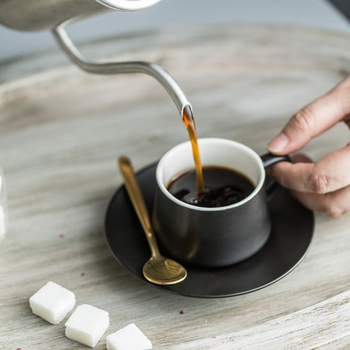 Espresso Cups with Saucers Set 4 OZ Porcelain Espresso Coffee Cup and Metal Stand for Cappuccino, Latte, Cafe Mocha and Tea, Set of 6, Gray