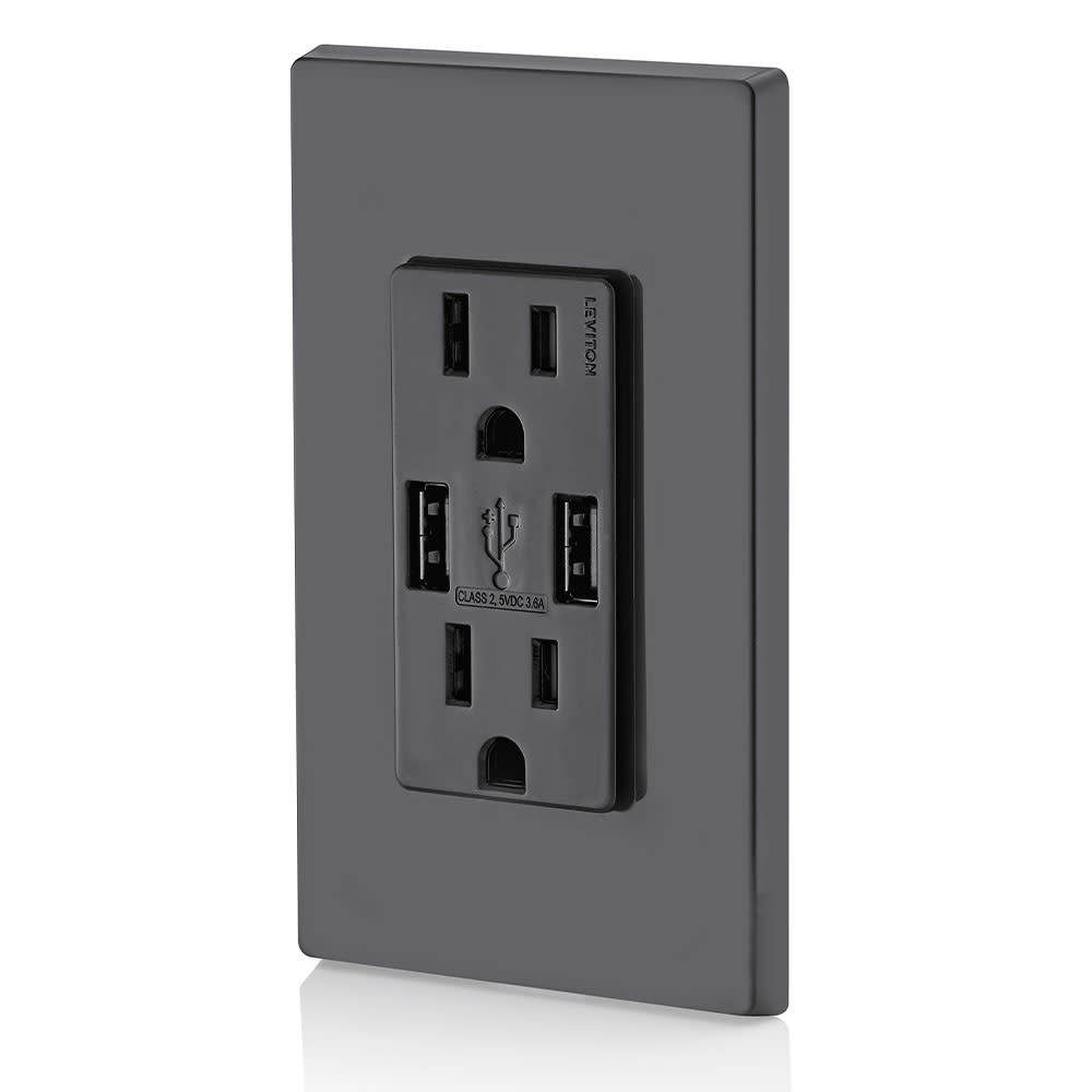 Leviton Decora 15A 125V Black NEMA 5-15R Outlet and USB Charger